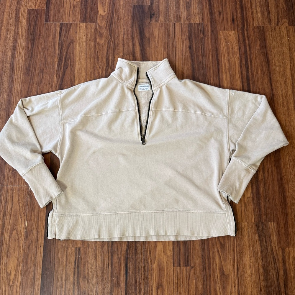 Life Is Good Women's 1/4 Zip Sweatshirt Ivory Cotton Mock Neck Boxy Size Medium
